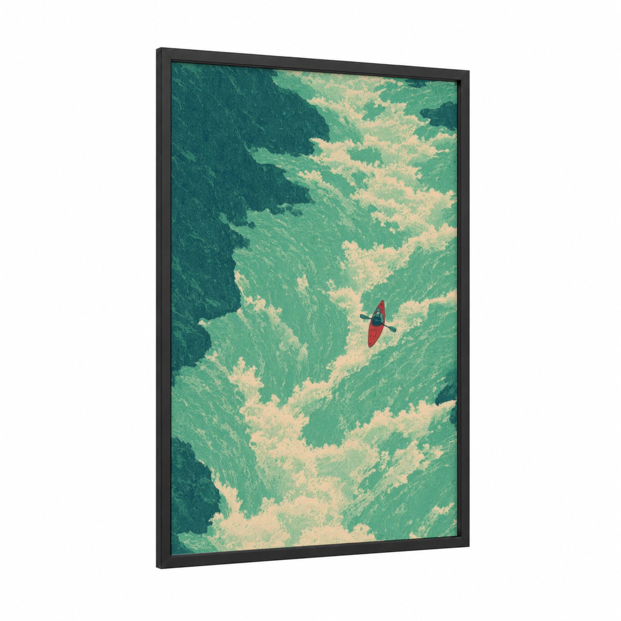 Aerial Kayak framed canoeing and kayaking print — black wood frame — teal and cream palette