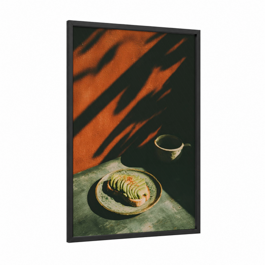 Avocado Toast Morning framed breakfast print — black wood frame — orange and dark green palette