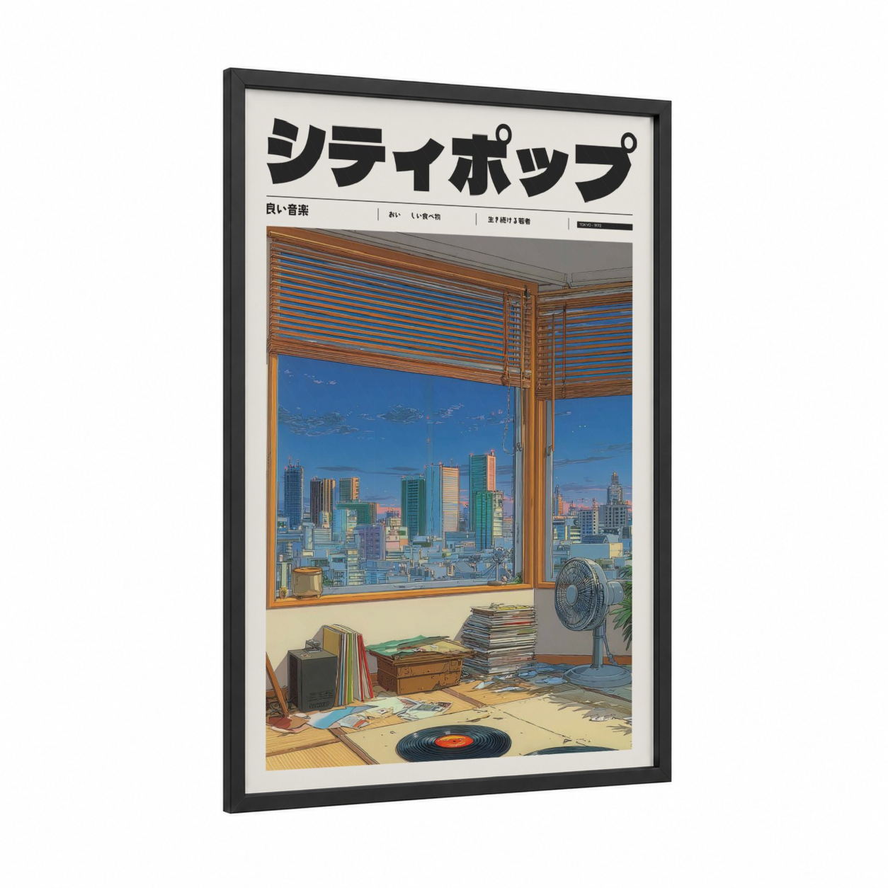 Shinjuku Pop framed anime and manga print — black wood frame — blue and gold palette
