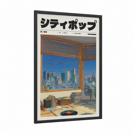 Shinjuku Pop framed anime and manga print — black wood frame — blue and gold palette