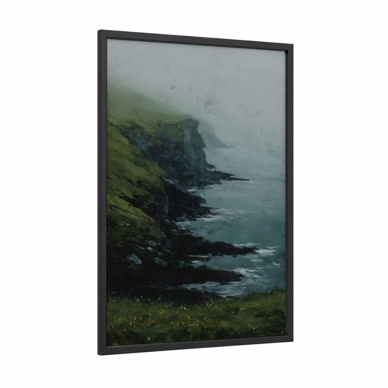 Misty Coastal Cliff framed art print — black wood frame — light green and teal palette