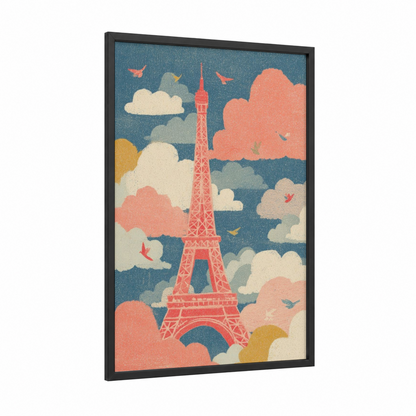 Coral Eiffel Tower framed art print — black wood frame — salmon pink and blue palette