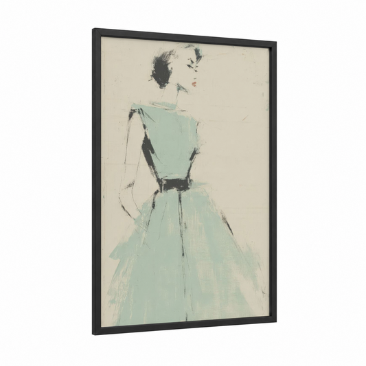 Mint Elegance framed fashion illustration print — black wood frame — light green and cream palette