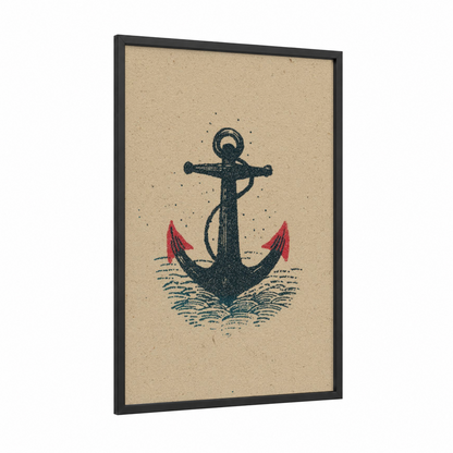 Vintage Anchor framed art print — black wood frame — black and teal palette