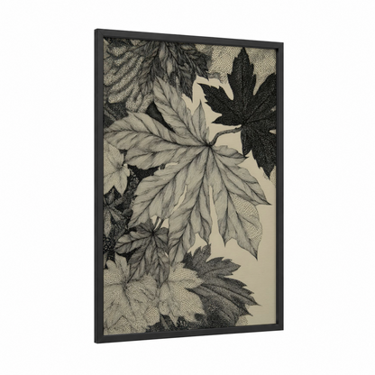 Botanical Stipple framed leaf print — black wood frame — black and white palette