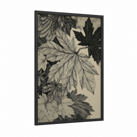 Botanical Stipple framed leaf print — black wood frame — black and white palette