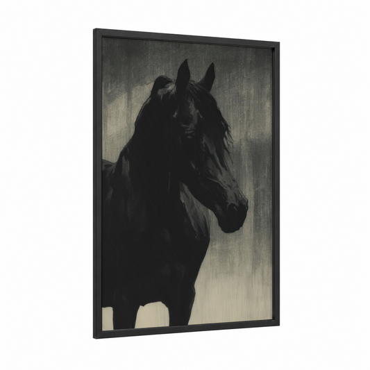 Dark Arabian framed arabian horse print — black wood frame — black and gray and white palette