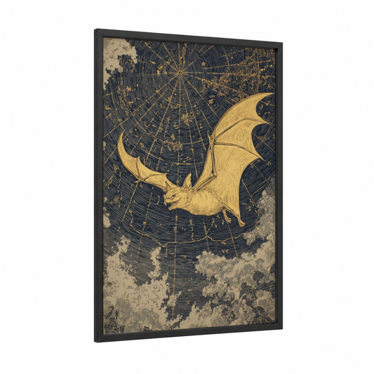 Nocturnal Navigator framed bat print — black wood frame — gold and dark blue palette