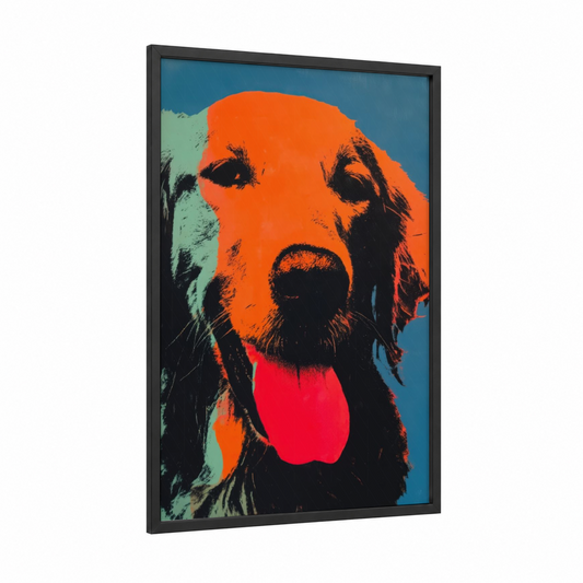 Pop Art Retriever framed art print — black wood frame — orange and teal palette