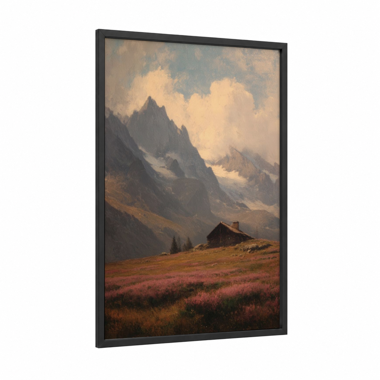Alpine Cottage framed art print — black wood frame — gold and gray palette
