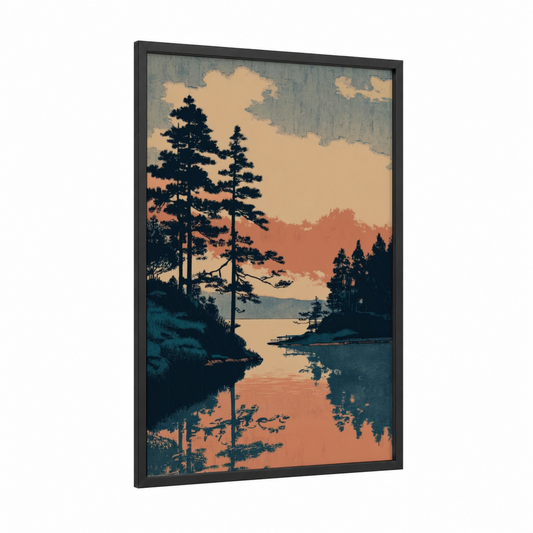 Alpine Lake Sunset framed lakes print — black wood frame — gold and teal palette