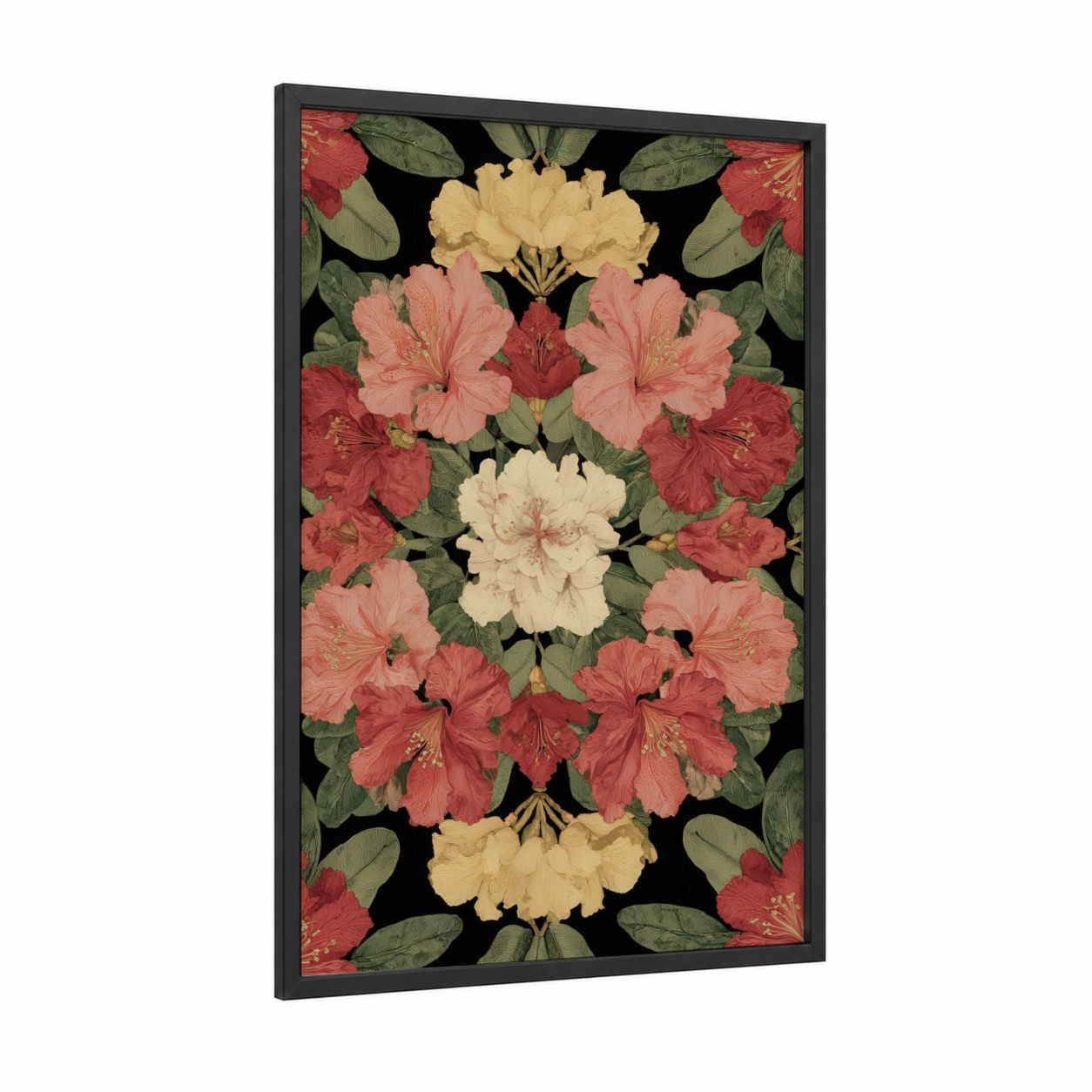 Symmetrical Orchid Mandala framed art print — black wood frame — red and cream palette