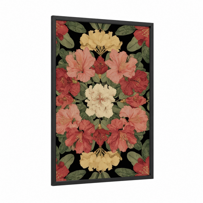 Symmetrical Orchid Mandala framed art print — black wood frame — red and cream palette