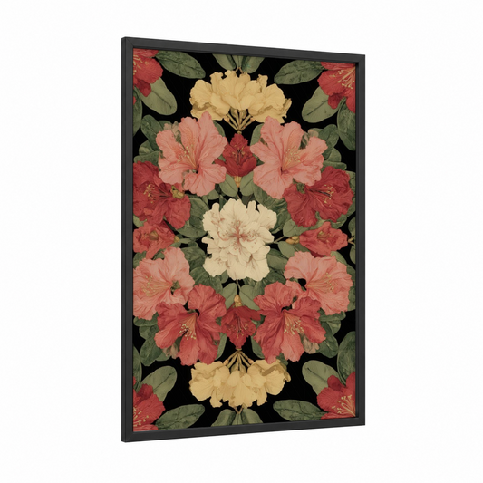 Symmetrical Orchid Mandala framed art print — black wood frame — red and cream palette