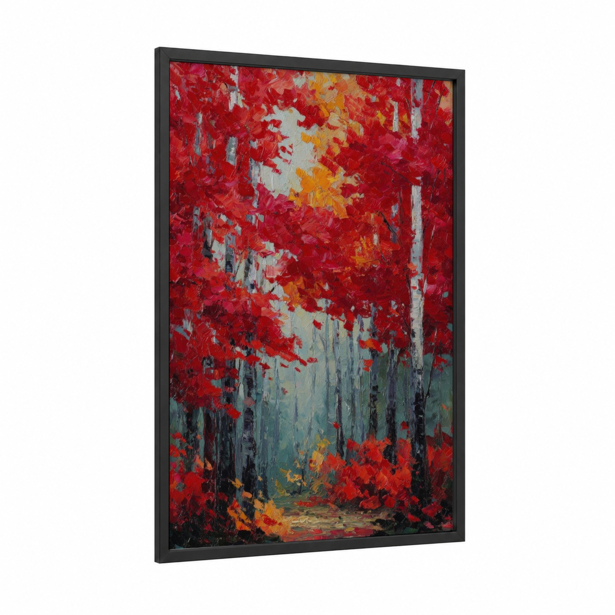 Crimson Autumn Forest framed forest trees print — black wood frame — red and gold palette