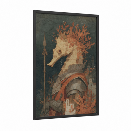 Coral Sea Horse framed art print — black wood frame — russet and dark blue palette
