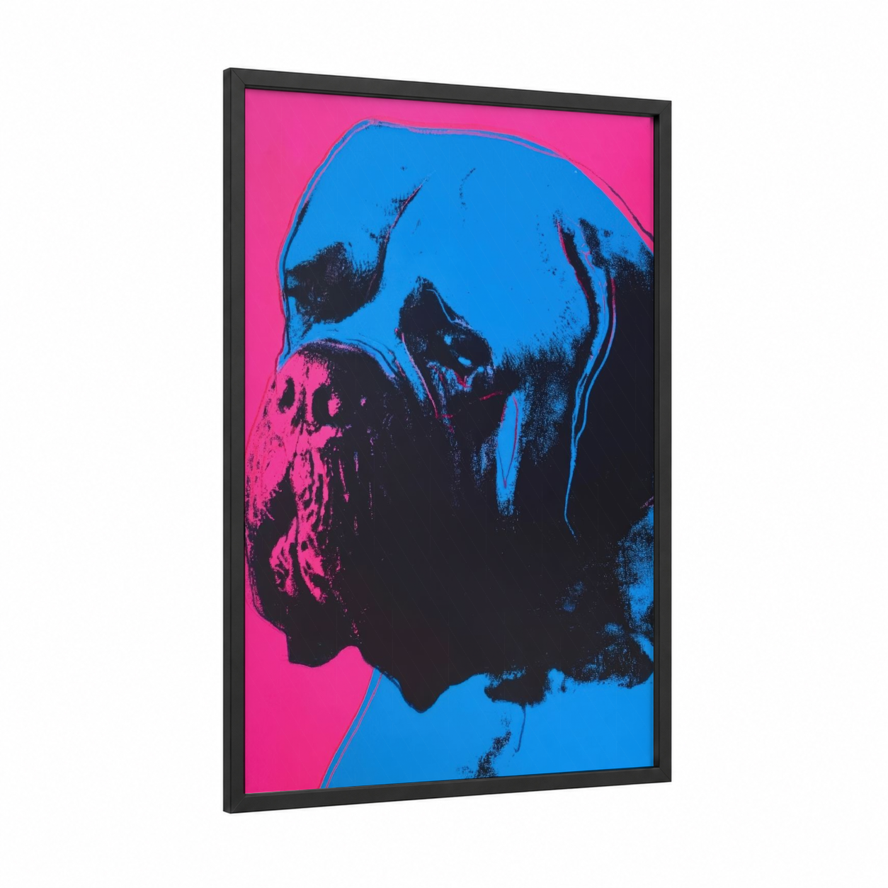 Neon Mastiff framed art print — black wood frame — blue and magenta palette
