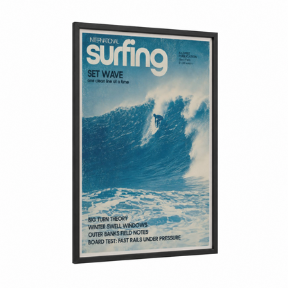 Vintage Surfing Magazine Cover Wall Art framed water surfing print — black wood frame — blue and blue and white palette