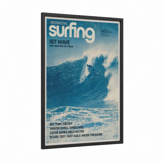 Vintage Surfing Magazine Cover Wall Art framed water surfing print — black wood frame — blue and blue and white palette