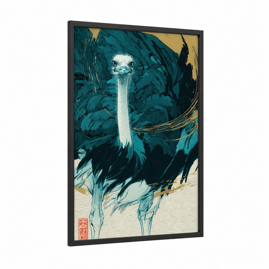 Teal Ostrich framed art print — black wood frame — teal and gold palette