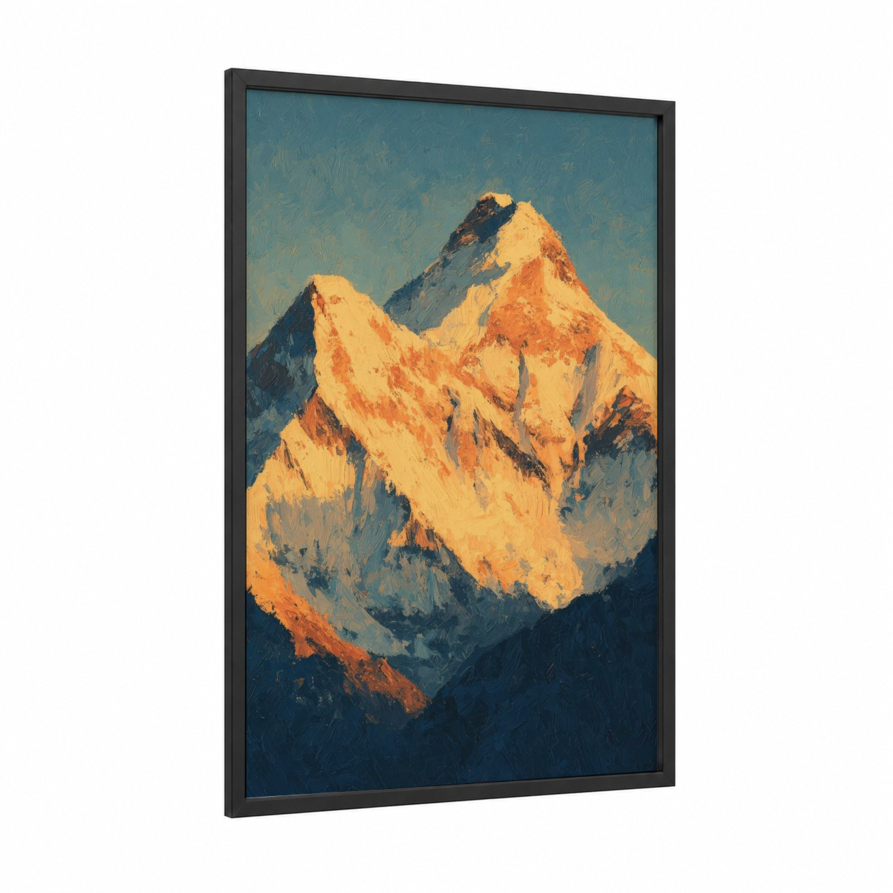 Golden Peak Sunrise framed mount everest print — black wood frame — gold and blue palette