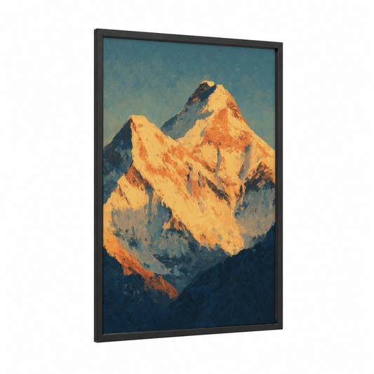 Golden Peak Sunrise framed mount everest print — black wood frame — gold and blue palette