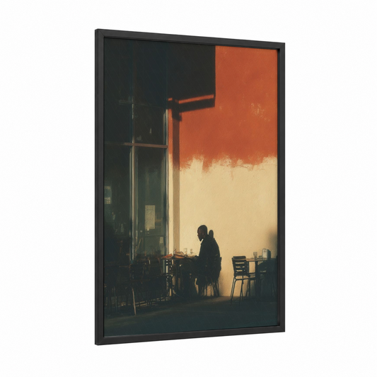 Solitary Ghost framed art print — black wood frame — orange and cream palette