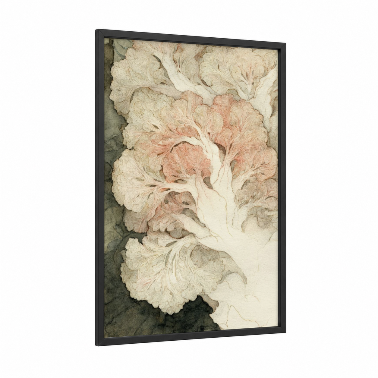 Cream Cabbage Study framed vegetable print — black wood frame — cream and peach palette