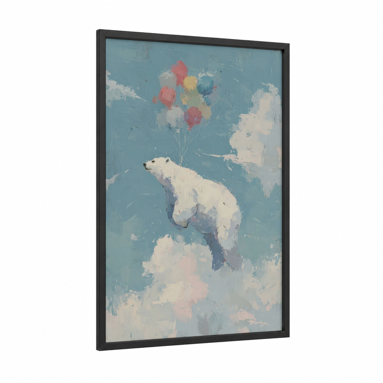 Dreaming Polar Bear framed art print — black wood frame — blue and white palette