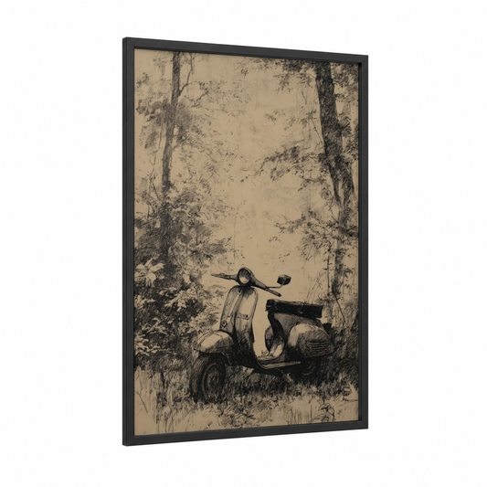 Forest Scooter framed art print — black wood frame — black and white and cream palette