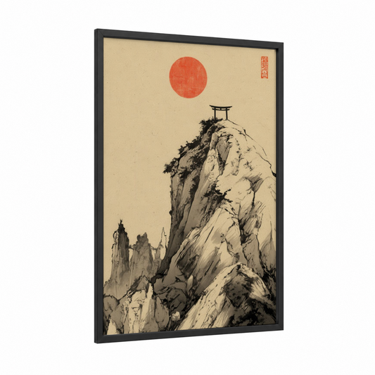 Crimson Summit Gate framed abstract classic print — black wood frame — black and white and red palette