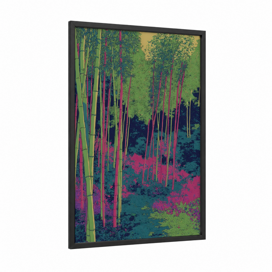 Crimson Bamboo Forest framed art print — black wood frame — magenta and green palette