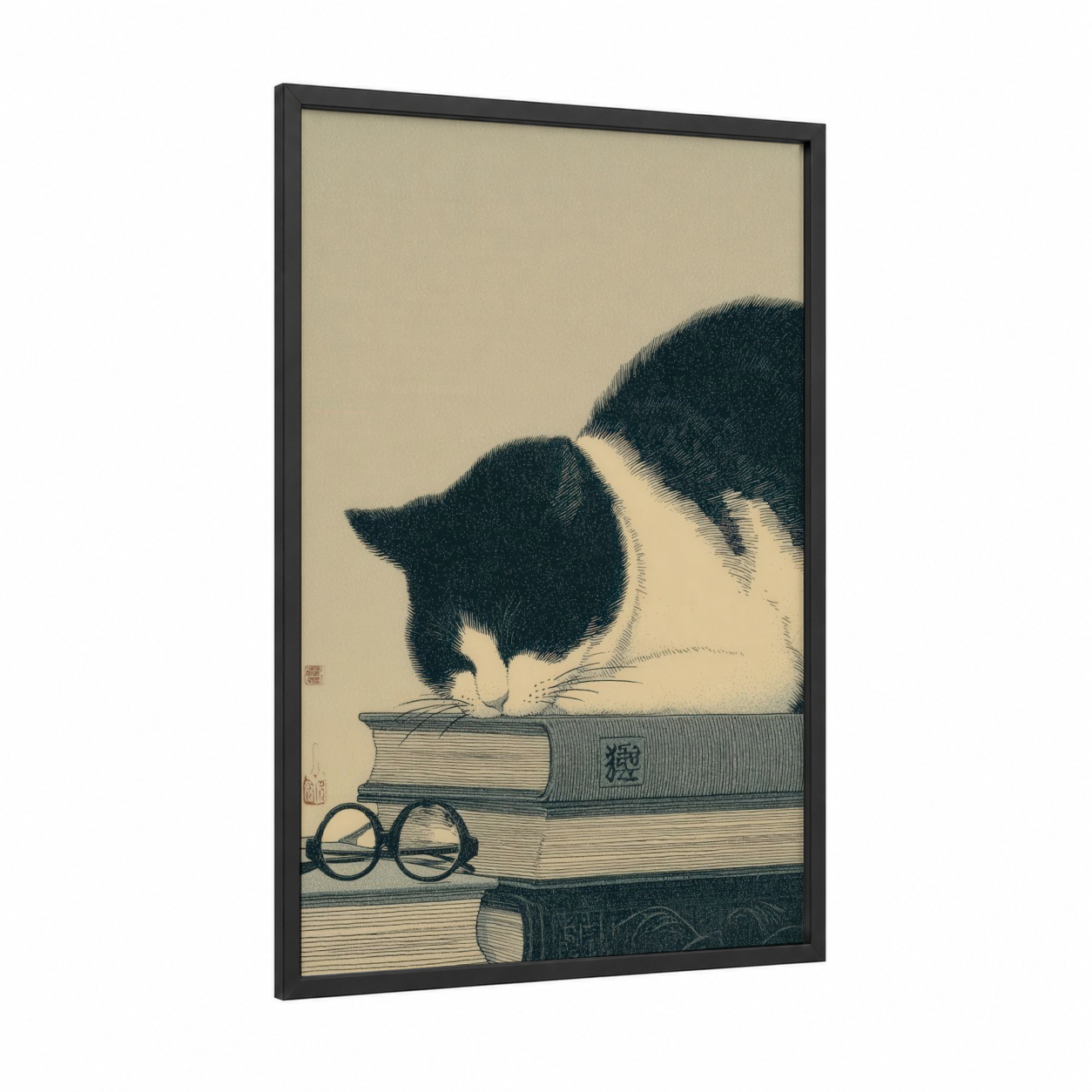Literary Cat framed reading print — black wood frame — black and white and cream palette