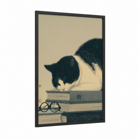Literary Cat framed reading print — black wood frame — black and white and cream palette