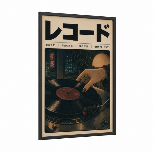 Vintage Tokyo Record Player Wall Art framed vinyl records print — black wood frame — beige and black palette