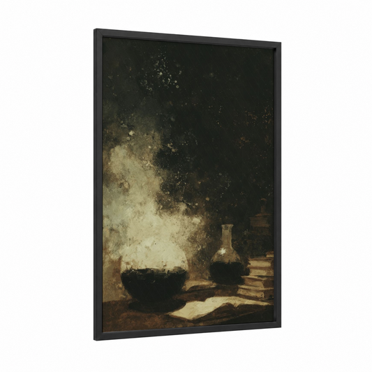 Alchemist's Flame framed dark fantasy print — black wood frame — black and gold palette