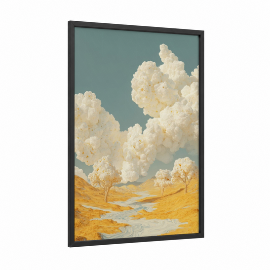 Golden Popcorn Landscape framed art print — black wood frame — gold and teal palette