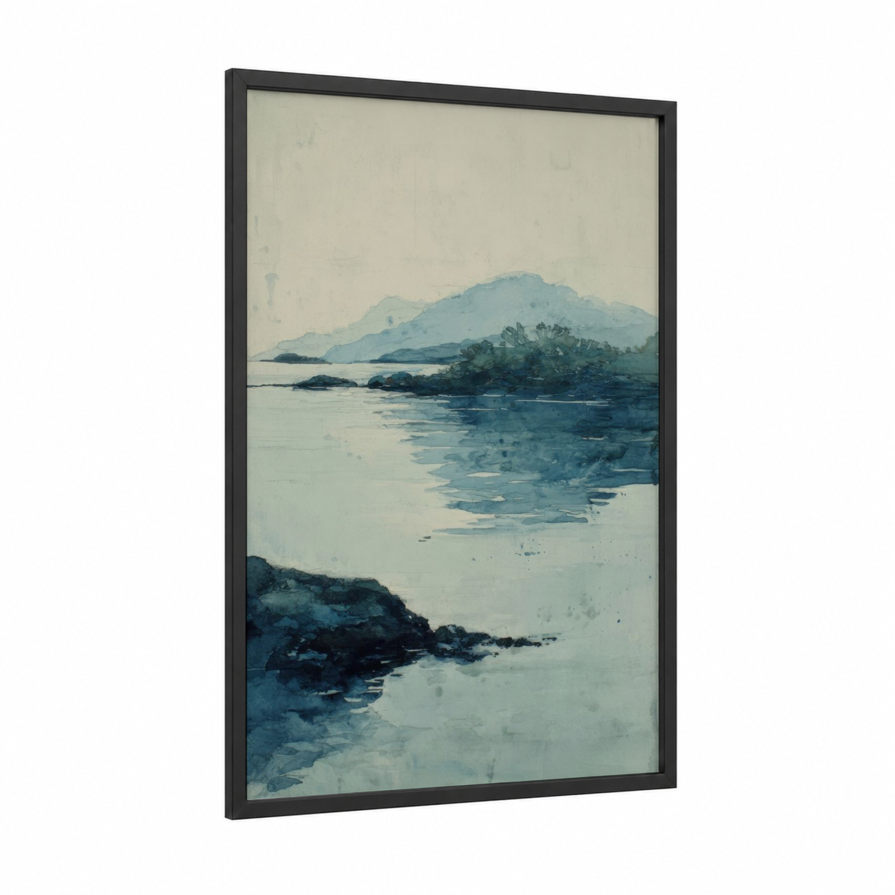 Misty Mountain Lake framed seascapes and ocean print — black wood frame — blue and gray palette