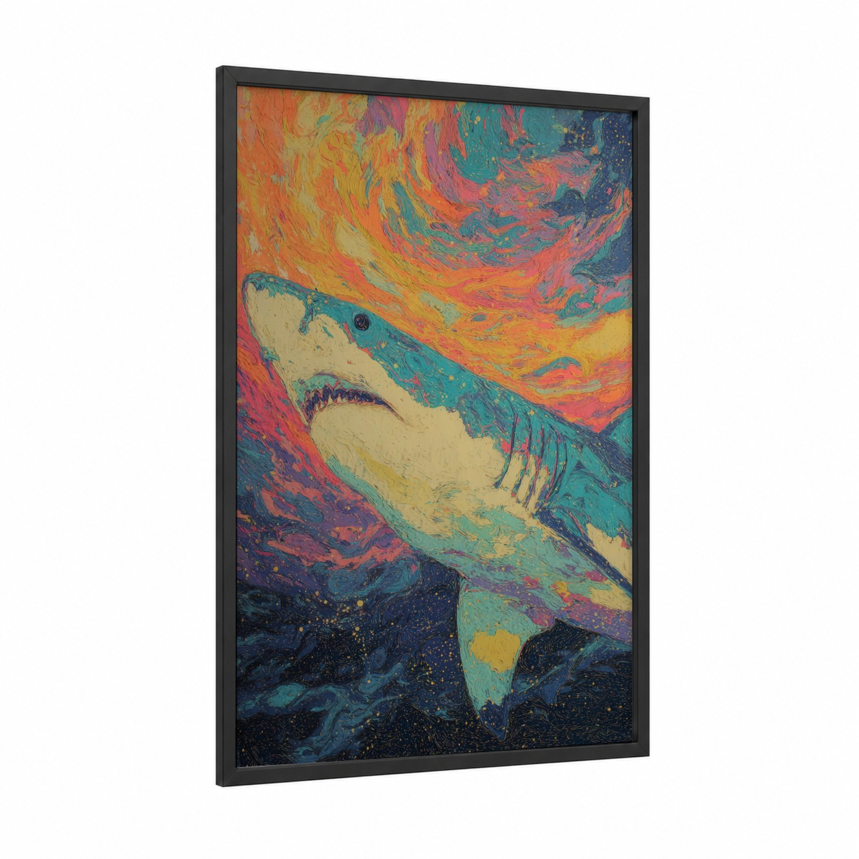 Turbulent Shark framed bull shark print — black wood frame — orange and teal palette