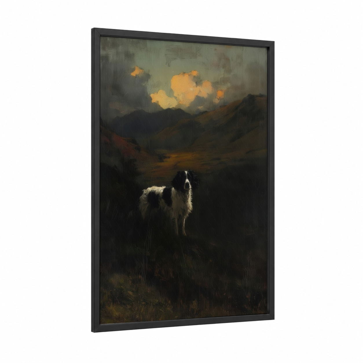 Alpine Spaniel framed art print — black wood frame — gold and brown palette