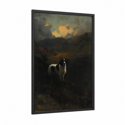 Alpine Spaniel framed art print — black wood frame — gold and brown palette