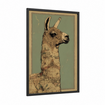 Cartographic Llama framed art print — black wood frame — sage green and cream palette