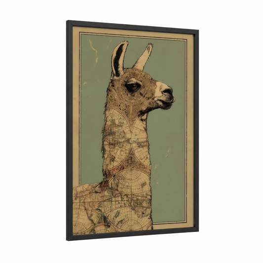 Cartographic Llama framed art print — black wood frame — sage green and cream palette