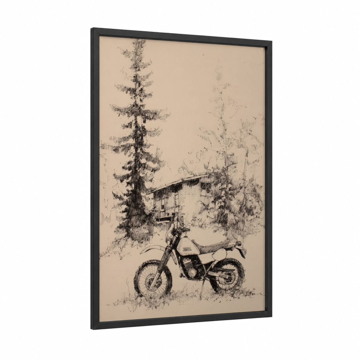 Forest Cabin Motorcycle framed vintage motorcycle print — black wood frame — black and white and cream palette