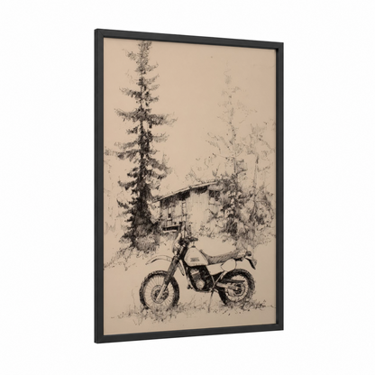 Forest Cabin Motorcycle framed vintage motorcycle print — black wood frame — black and white and cream palette