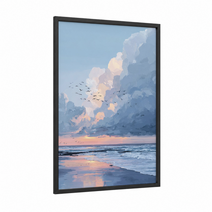 Coastal Sunrise Serenity framed beach sunrise and sunsets print — black wood frame — peach and blue and gold palette