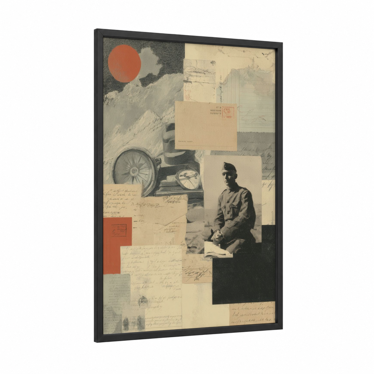 Soldier's Memory framed veterans day print — black wood frame — cream and gray palette