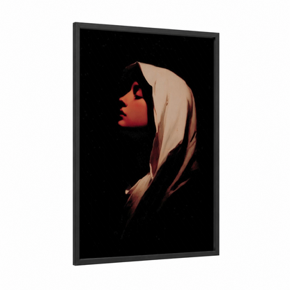 Veiled Contemplation framed virgin mary print — black wood frame — gold and black palette