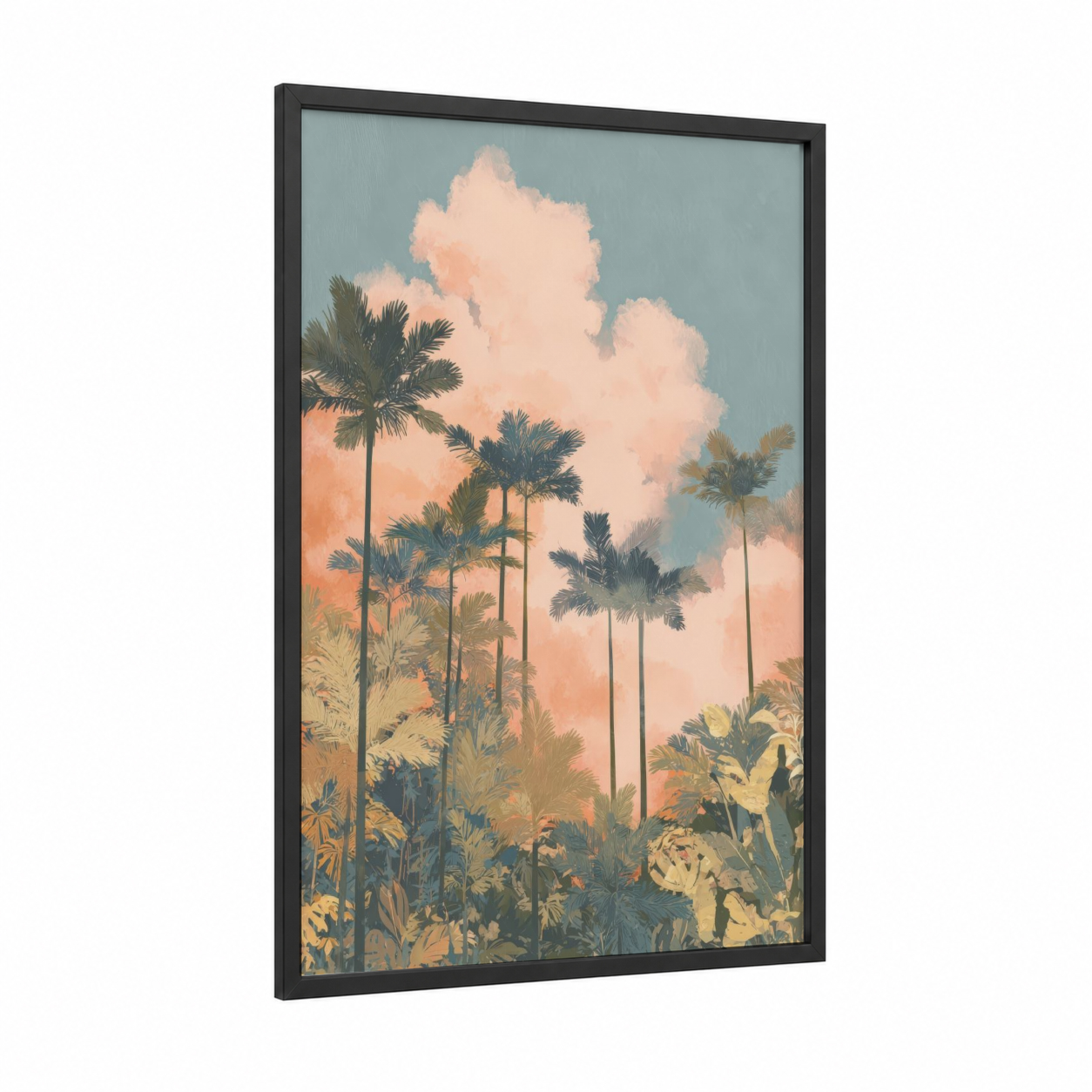 Tropical Sunset Palms framed palm forest print — black wood frame — peach and blue palette