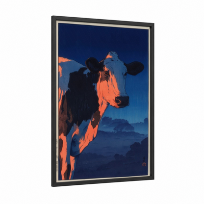 Neon Jersey Cow framed art print — black wood frame — orange and dark blue palette